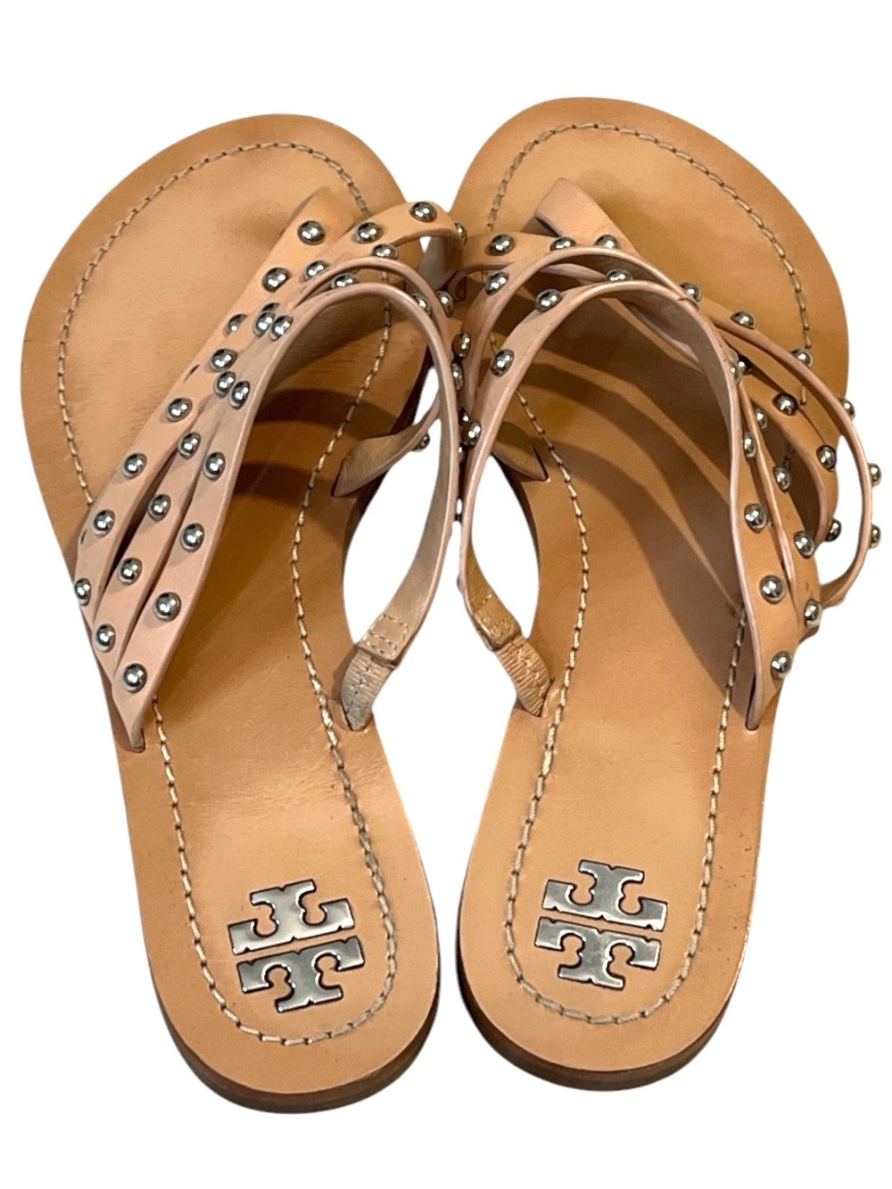 TORY BURCH Patos Studded Thong Sandal - Nude Tan Leather - Silver Studs - Size 7